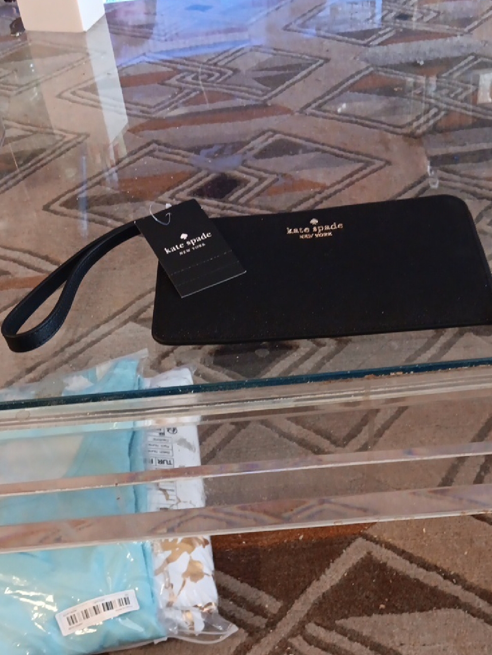 kate spade black wristlet clutch with gold logo